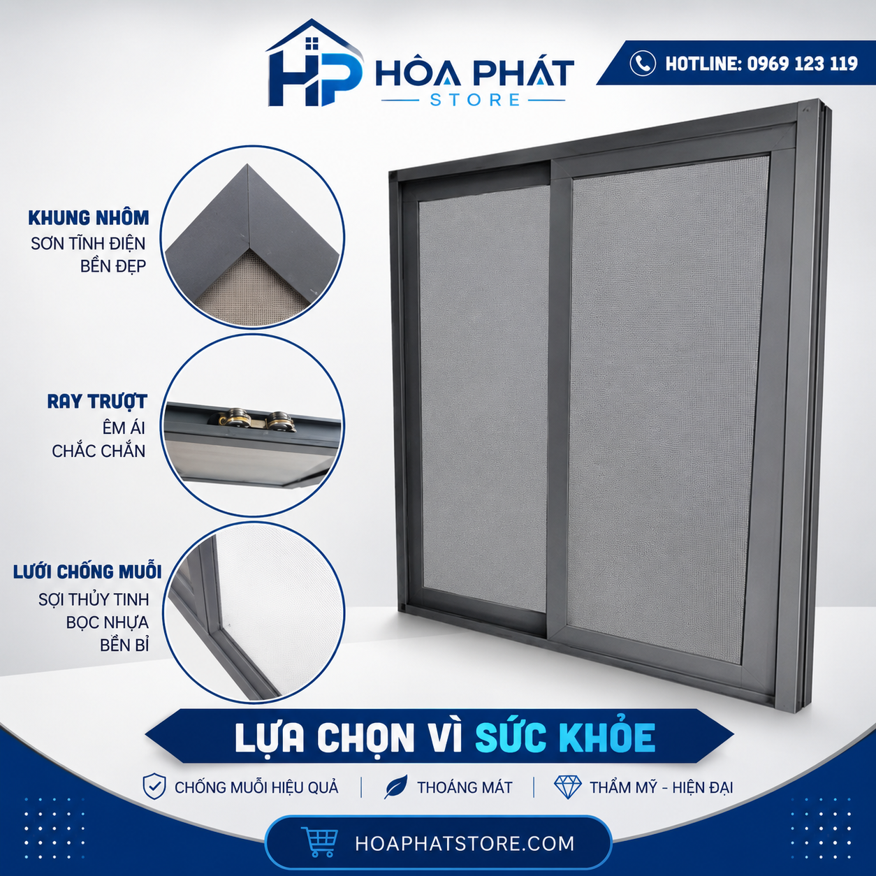 Cửa lưới chống muỗi dạng lùa khung nhôm sơn tĩnh điện